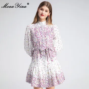 

MoaaYina Fashion Designer dress Summer Women's Lace Up Dress Lantern Sleeve Floral Print Single-breasted Elegant Dresses
