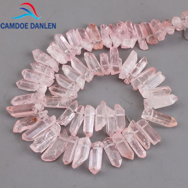 

Natural Stone Rose Pink Crystal Quartz Pillar Top Drilled Point Beads 15" Strand Raw Crystal Stick pendants Jewelry Making