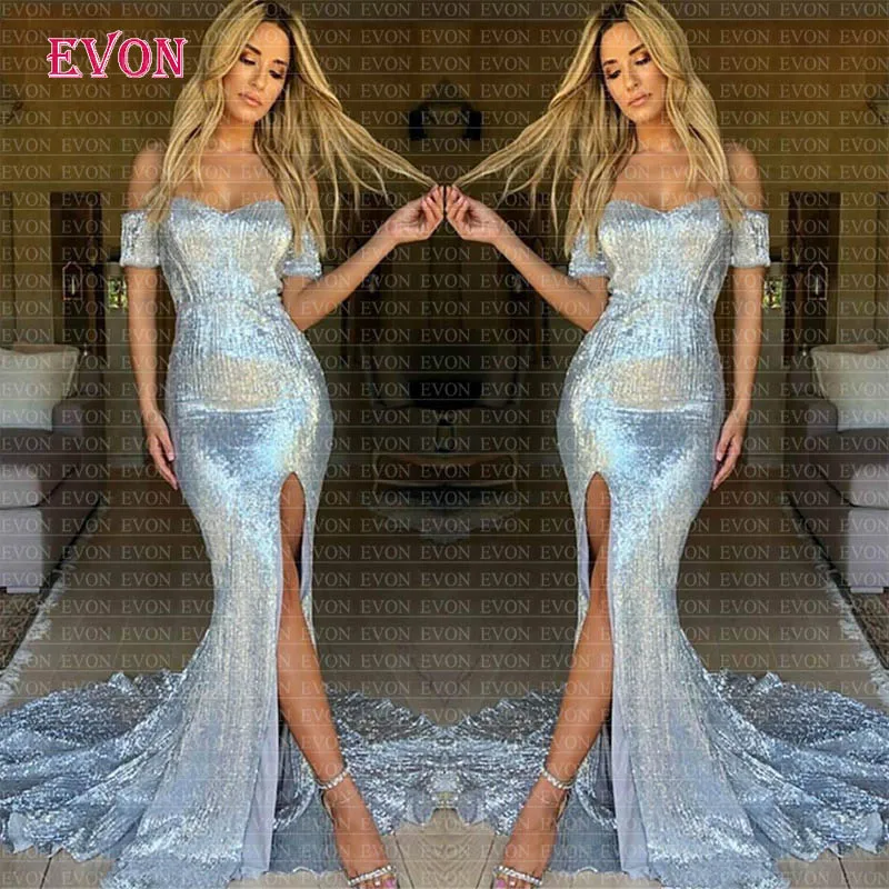 Дешевые Vestidos De gala Русалка Длинные Выпускные платья с открытыми плечами Высокие Бедра Сплит платье на выпускной с блестками Robe De Soiree