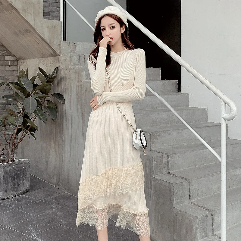 

Korean Fashion Knitting Woman Dress Solid Office Lady Sweater Dress Winter Lace A-Line Long Sleeve Maxi Dresses for Women