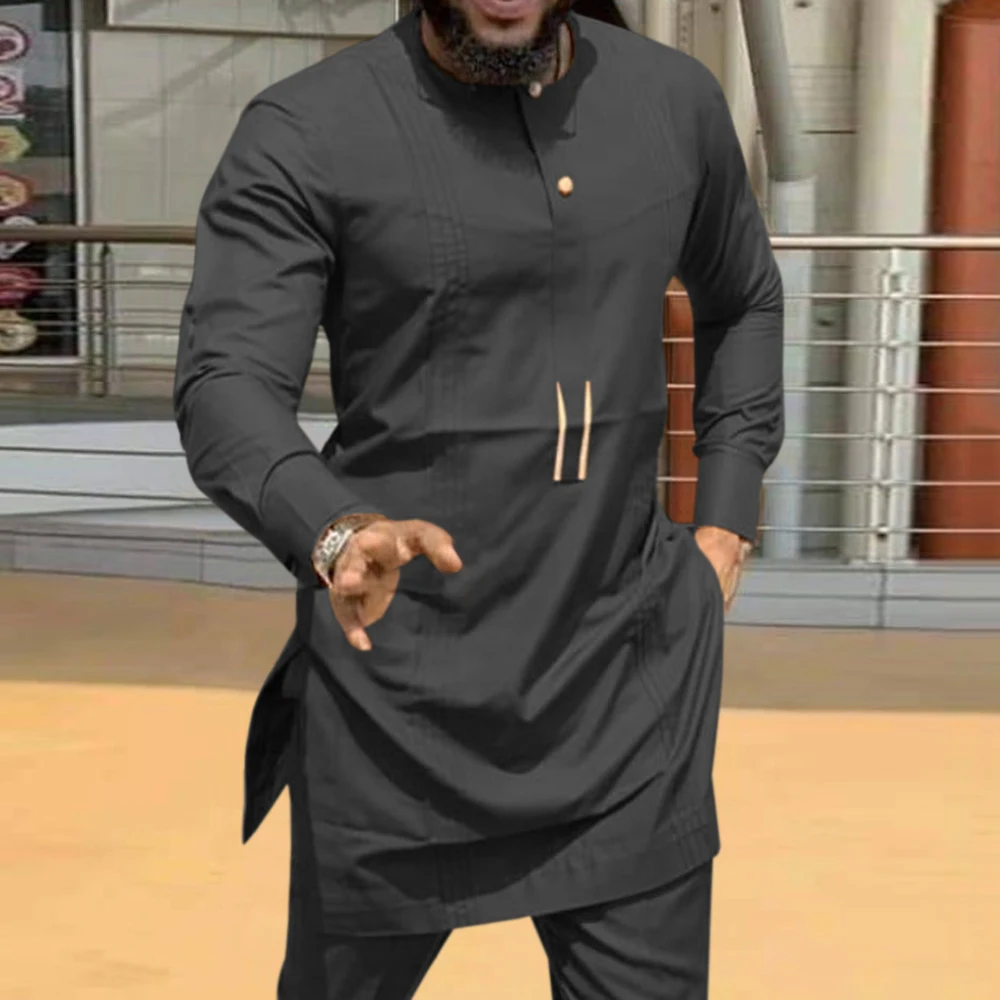 Islam Kaftan Men's Shirt 2021 Summer Long Sleeves Solid Black Dashiki Tops African Mid-Length Ethnic Muslim Man Kurta Clothing | Мужская