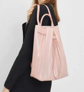 

New Women's Pleated Drawstring Semi-Perspective Backpack Large Capacity Pink Women's Bag