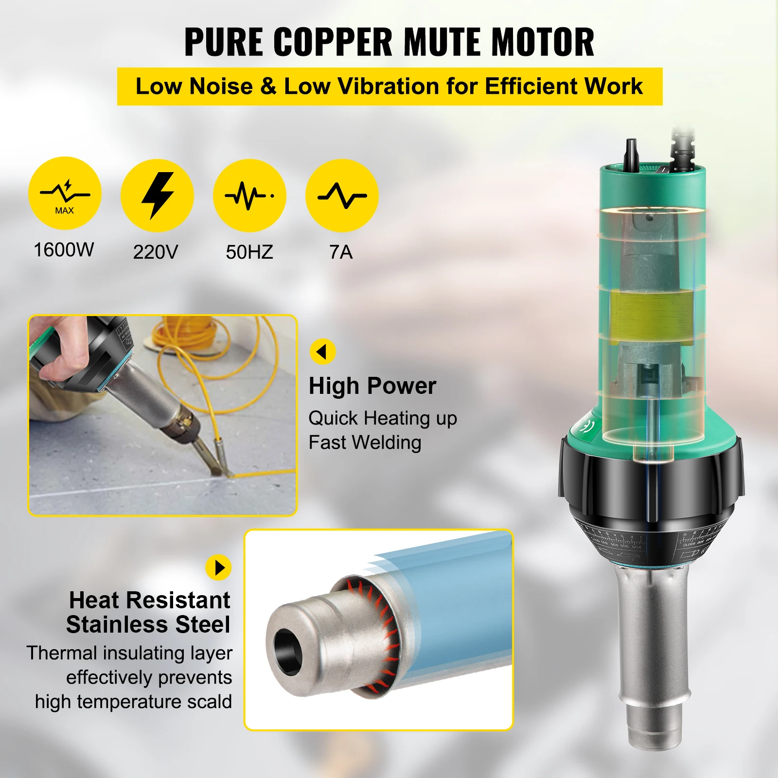 VEVOR Plastic Welding Gun Hot Air Torch 1000W 1600W Palstic Welder Kit with Replacement Nozzles for PVC PP PE Pipe Vinyl Floor