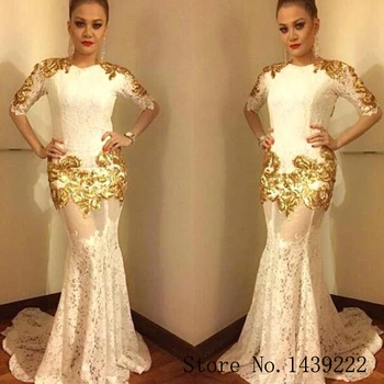 

White Lace Mermaid Trumpet Evening Dress Golden Appliques Celebrity Formal Dresses Robe De Soiree Women Evening Party Gown