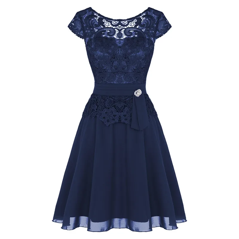 Women Ladies Short Sleeves Tea Length Floral Lace Overlay Elegant Pageant Formal Evening Party Chiffon Dress With Built-in-bra