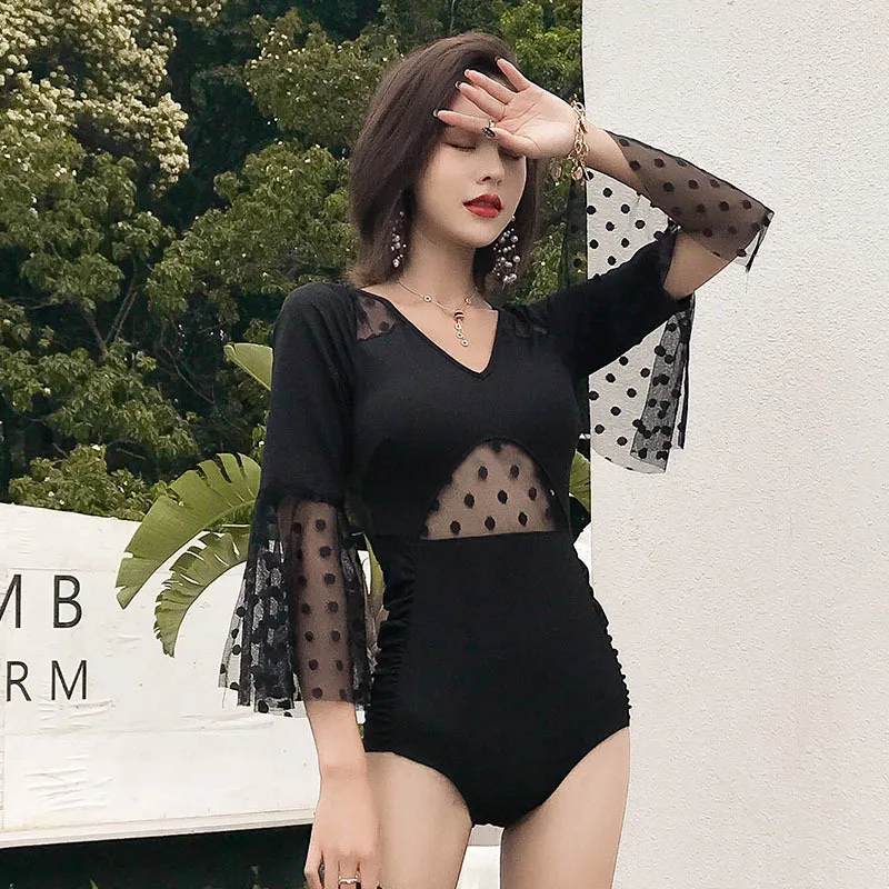 

Women's Beach Outings 2019 Woman Swimsuit Retro Ladies One Piece Closed Swimsuits Summer New Mesh Sexy Backed Solid Polyester