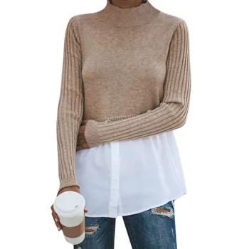 

Women Autumn Winter New Patchwork Casual Sweater Bottoming Knit Stitching Sweater Long-Sleeved Round Collar Sweater
