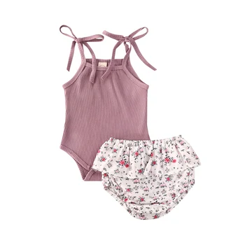 

2pcs Toddler Baby Girl Summer Clothes Newborn Baby Girls Sleeveless Knitted Romper Tops+Floral Shorts Outfits