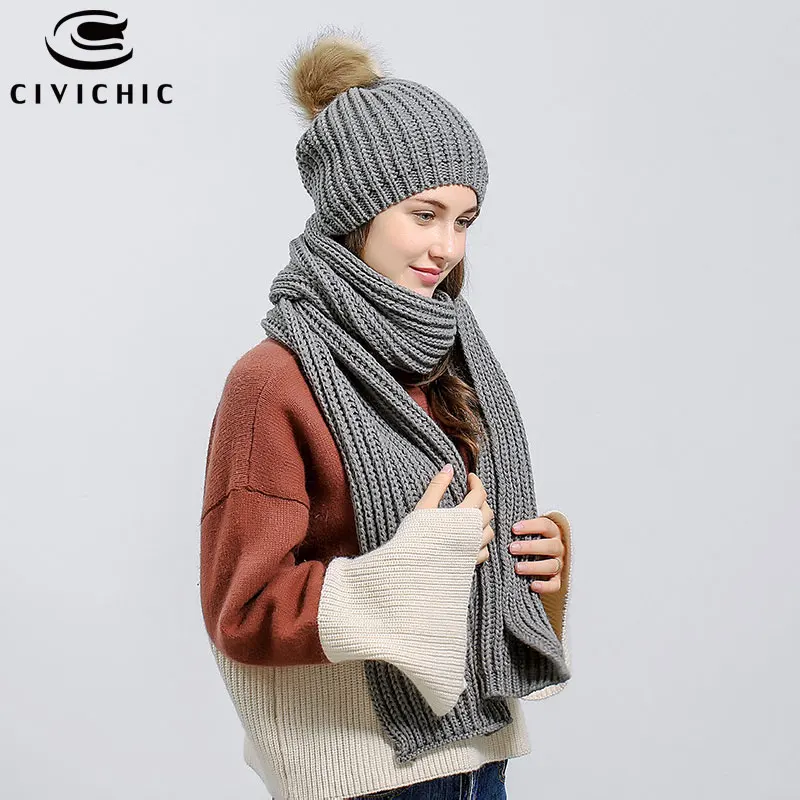 CIVICHIC, Женская Осенняя зимняя вязаная шапка, шарф, 2 шт., теплый комплект, помпон, шапочки, Skullies, вязаная шапка, толстая повязка на голову, повседневная шаль, SH143 - Цвет: Gray