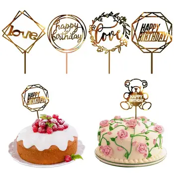 

1PC Cake Topper Card Fashion Gold Sliver Birthday Decor Love Baking Cake Insert Card Cake Decoration For Wedding Birthday Party