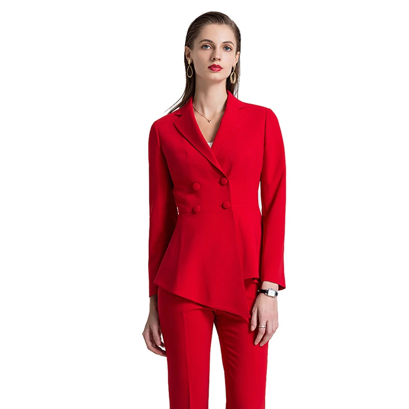 10.1 2、双排扣、89.99、Women's pants suits fashion slim commuter woman suit 2-pcs irregular double-breasted blazer+trousers custom made костюм женский