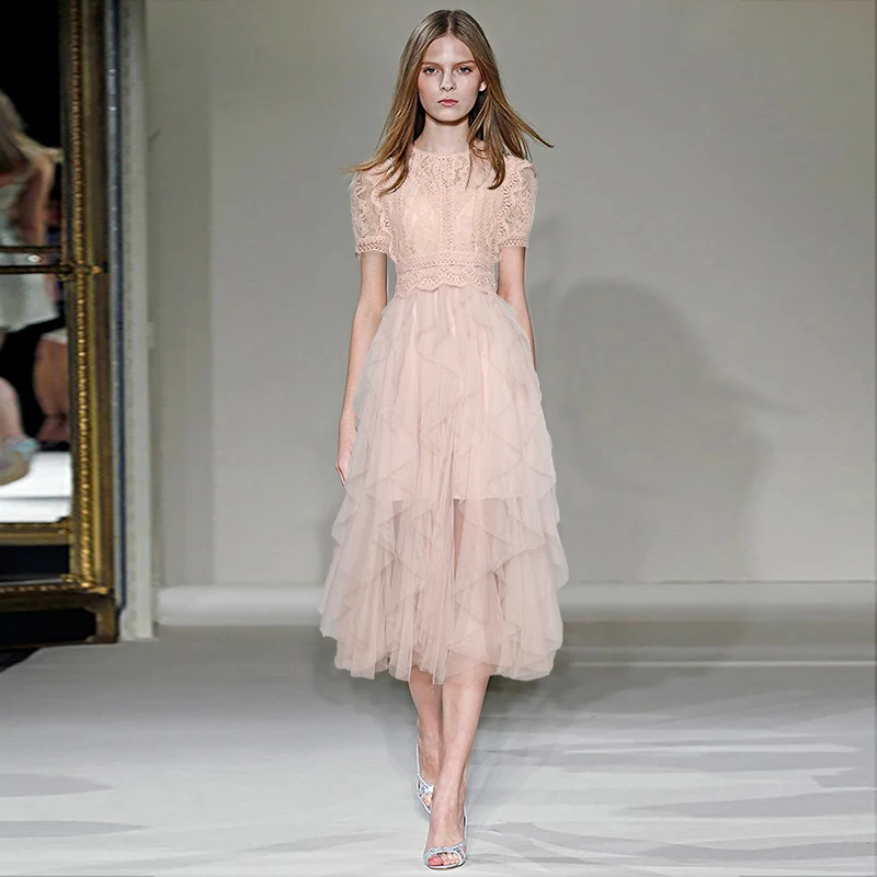 

Short Sleeve O-Neck Hollow Out Lace Tute Tulle Pleated Dress Women Runway Designer Patchwork Elegant Princess Vintage Dresses