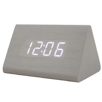 

Modern Triangle LED Wooden Alarm Clock Classical Digital Sound Control Desk Clock Thermometer (Black Wood and White Light)