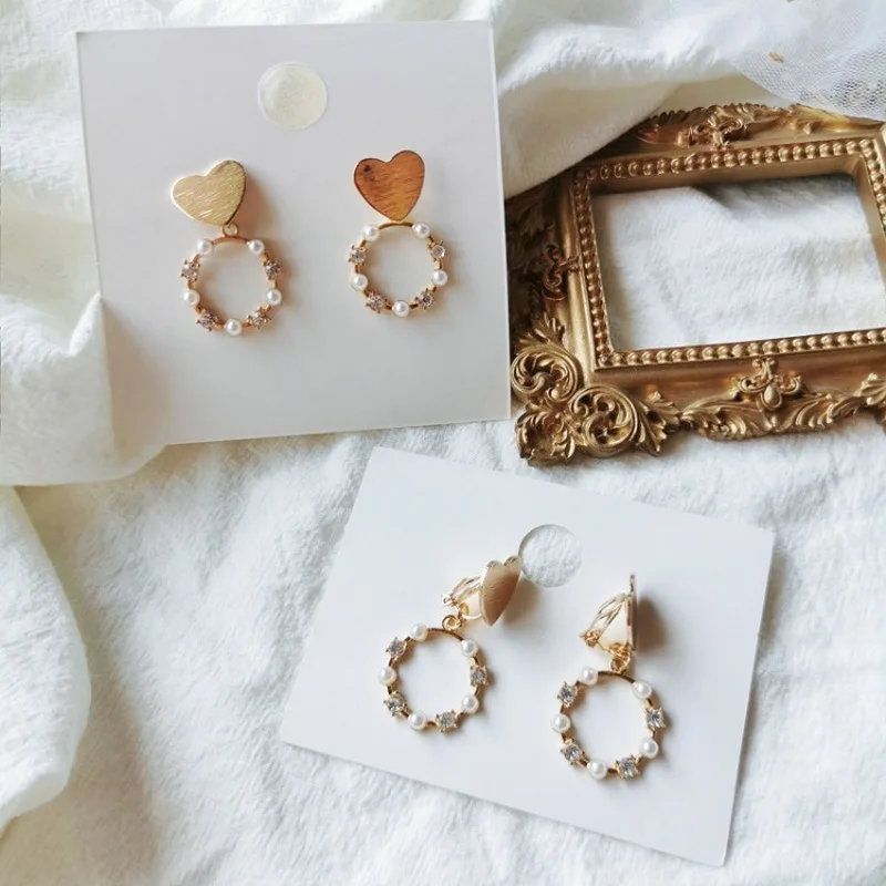 

Trend Simple Imitation Pearl Round Dangle Earrings Fashion Temperament Rhinestones Jewelry Girl Women's Accessories Ear Clip
