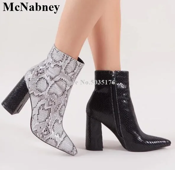 

McNabney Women Short Boots Sexy Snakeskin Pattern Pointed Toe High Hoof Heels Thick Heel Ladies Boots Fashion Zip Women Shoes