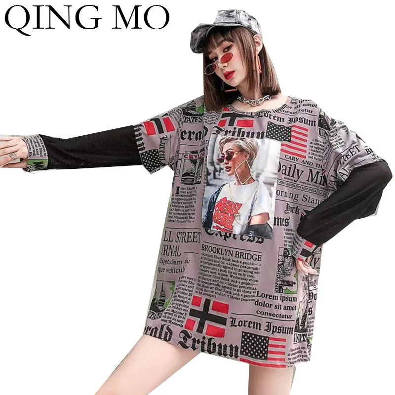 QING MO весенне Летняя женская футболка с принтом газет 2020 Женская Сетчатая в стиле