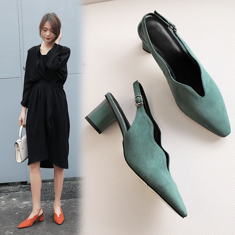 

2019 Spring New Style Pointed-Toe Korean-style Fashion Lace-up Chunky High Heel Shoes Genuine Leather Semi-Closed-toe Slimming S