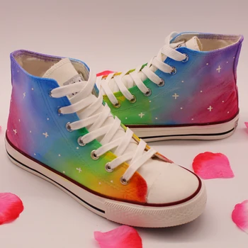 

US4-11 Womens Lace Up Canvas Sport Rainbow Colors Casual High Top Sneakers Shoes Girls Preppy Plus Size Flats 8styles C558