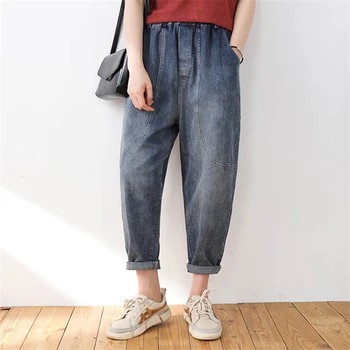 

High Waist loose Vintage Woman Jeans Curl Denim Elastic waist Jeans splice Ankle-Length Pants Pockets Women black blue Jeans