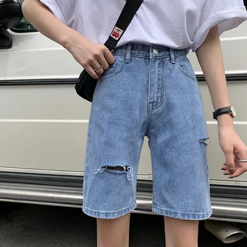 

SML 2020 summer woman high waist knee length denim pants womens streetwear loose casual ripped denim jeans pants womens (F6636