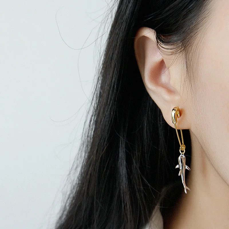 

A Pair Silvology 925 Sterling Silver Pin Shark Long Drop Earrings Creative High Quality Earrings for Women Silver 925 Jewelry