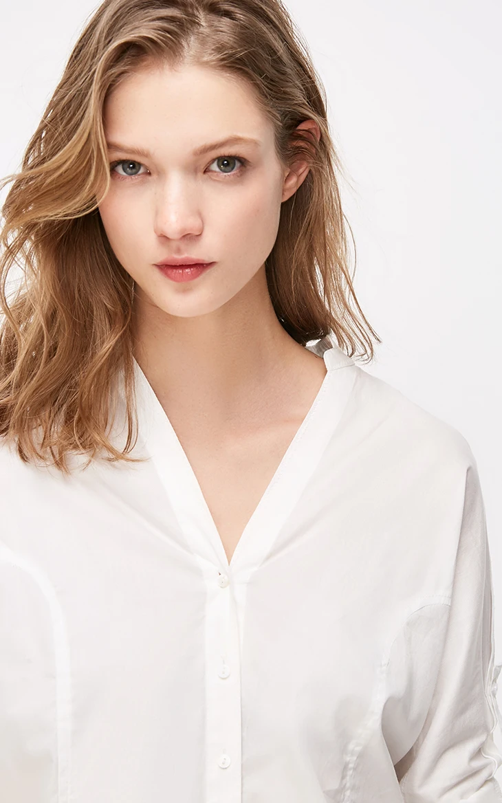 ONLY Womens Loose Fit Pure Color 3/4 Sleeves 100% Cotton V-neckline Shirt | 119105537