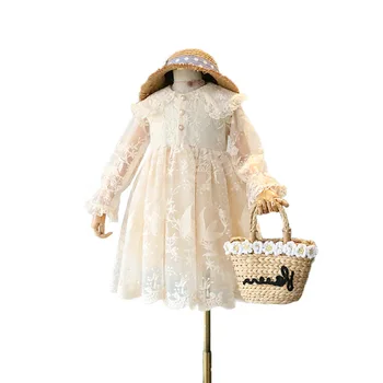 

WLG girls princess dresses kids autumn beige peter pan collar long sleeve floral embroidery dress baby girl cute party clothes
