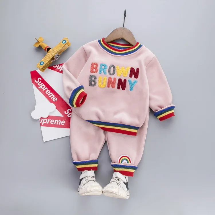 JH brownhouF Pink Осень-зима Одежда для маленьких мальчиков и девочек детские плюшевые костюмы для младенцев Радуга; Цвет 2 шт./компл. детская Повседневное Coatume - Цвет: JH brownhouF Pink