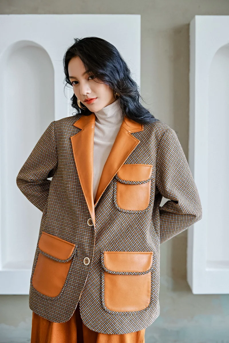 High Quality New Designer Blazer Coat Women Turn Down Collar Leather Patchwork Coat Female Slim Long Blazer Jacket