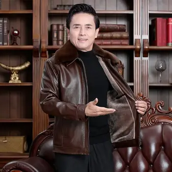 

2020 Leather Men's coat middle aged and old Haining fur middle aged leather winter Plush