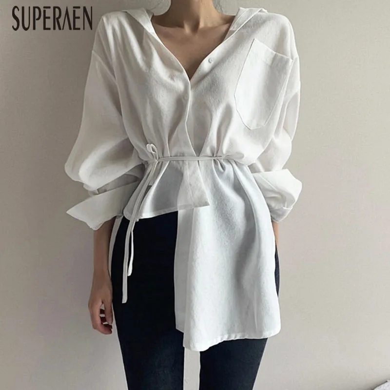 Женские однобортные блузки и топы SuperAen однотонные Асимметричные хлопковые в