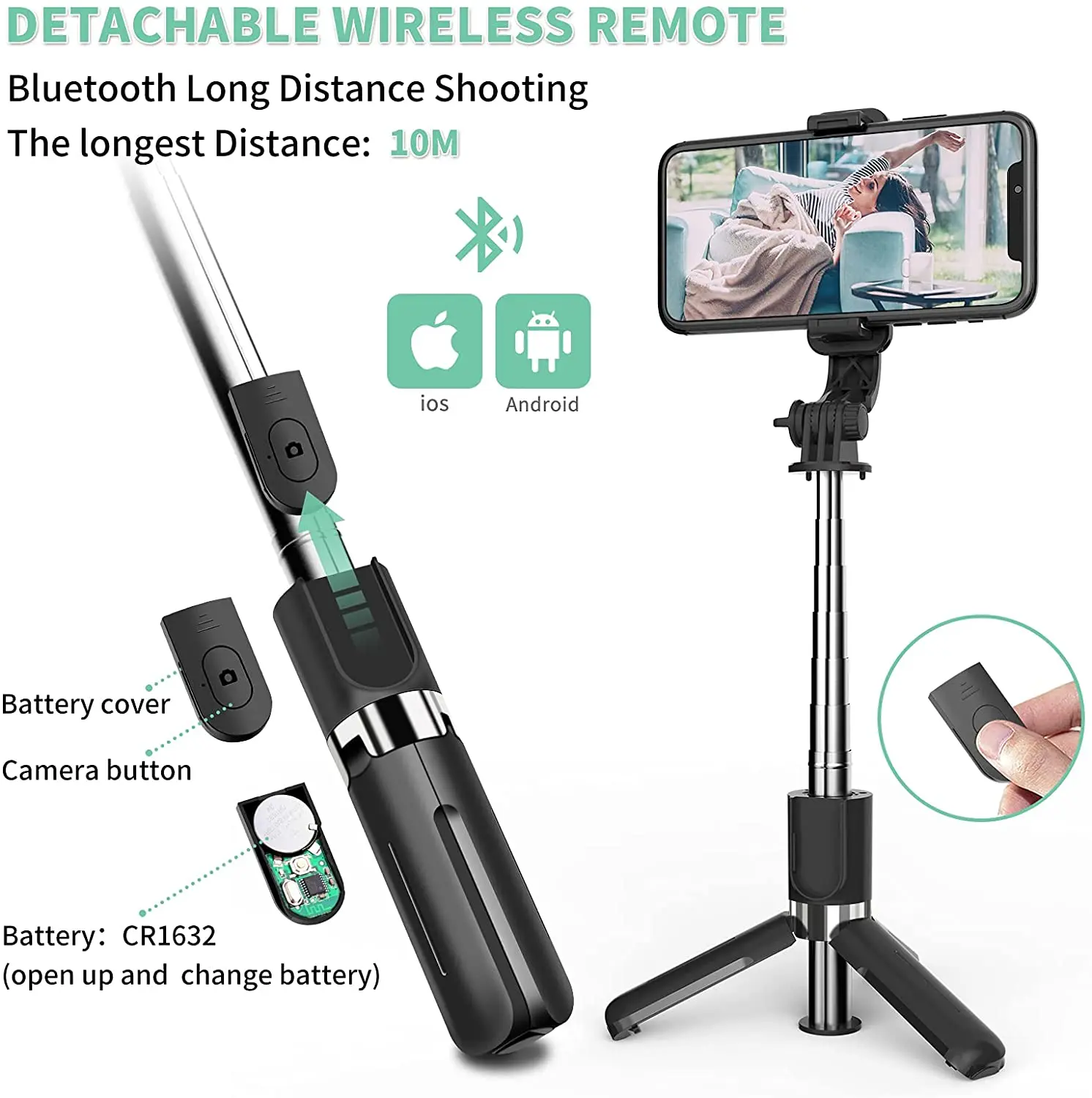 Perche Selfie Trépied Selfie Stick,4en1 Perche Bluetooth Trépied