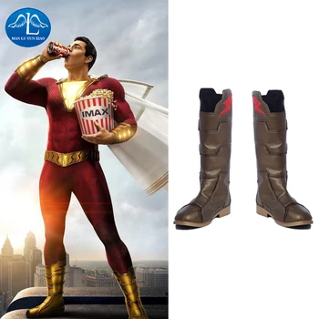 

MANLUYUNXIAO Shazam Cosplay High Boots Carnival Billy Batson Captain Men Leather Cosplay Shoes Halloween Costume For Kids