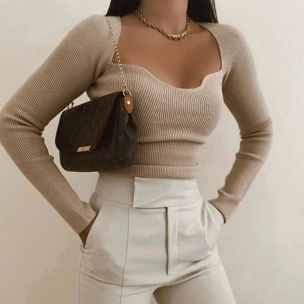 Suéter de punto para mujer, Jersey de manga larga con cuello de corazón, informal, a la moda, ajustado, Tops de punto, novedad de 2021