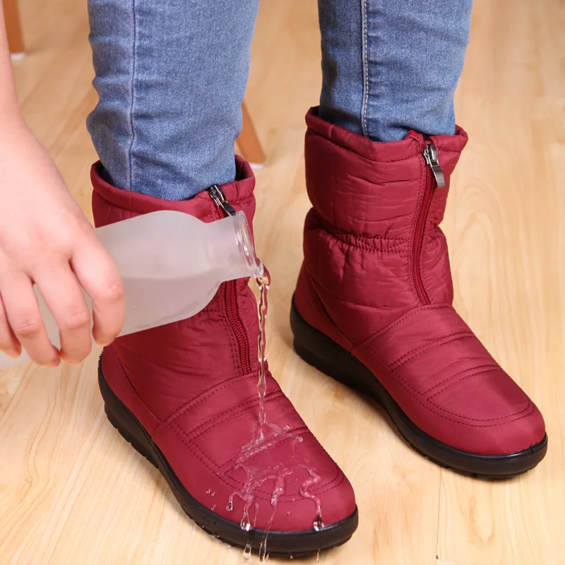 CHFSO Womens Stylish Fully Fur Lined Waterproof Tassel Zipper Mid Stacked Heel Ankle Winter Warm Boots