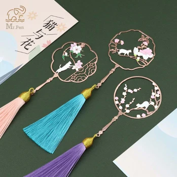 

Retro Hollow Cherry Fan Metal Bookmark Cat and Flower Creative Rose Gold Bookmarks with Tassel Promotional Gift Stationery