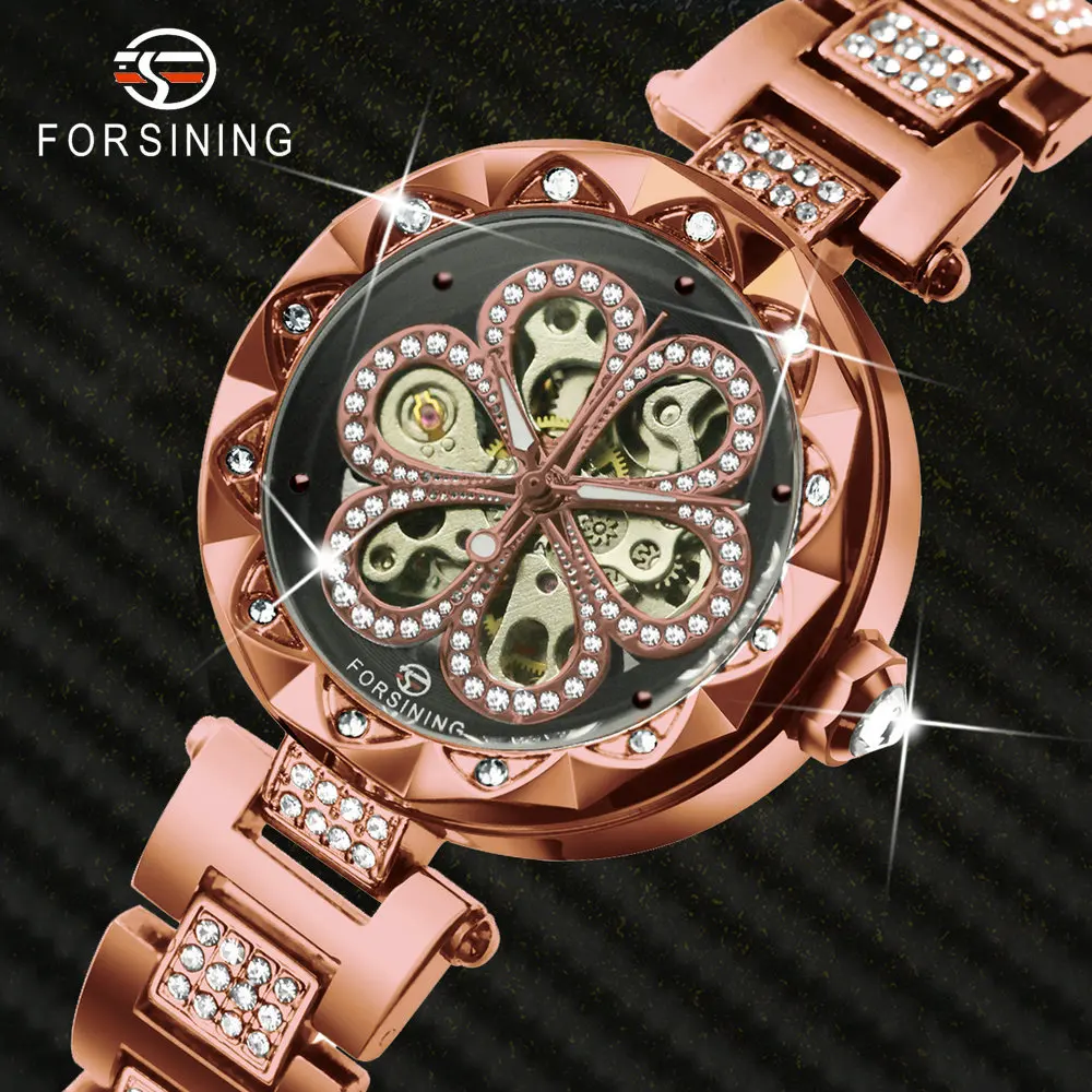 FORSINING, розовое золото, роскошный кристалл, женские часы из нержавеющей стали, автоматические механические Женские часы, модные элегантные наручные часы