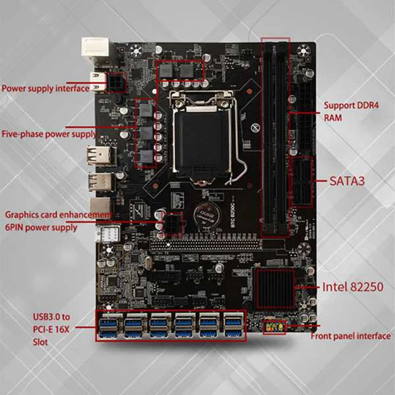 B250C BTC Mining Motherboard with SATA Cable 12XPCIE to USB3.0 Graphics Card Slot LGA1151 Supports DDR4 DIMM RAM for BTC