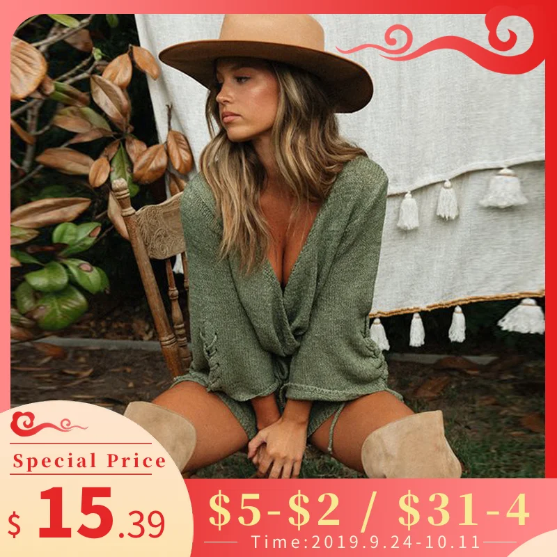 

2019 Autumn Sexy New Women's Loose V-Neck Knitted Lace-up Long Flare Sleeve Mini Dress