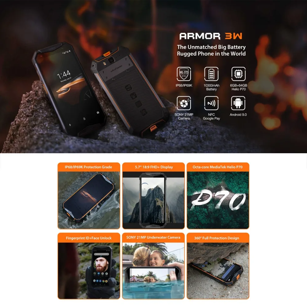Ulefone Armor 3W, 5,7 дюймов, Android 9,0, мобильный телефон, 6 ГБ, 64 ГБ, 10300 мА/ч, большая батарея, 21 МП, Helio P70, четыре ядра, две sim-карты, смартфон