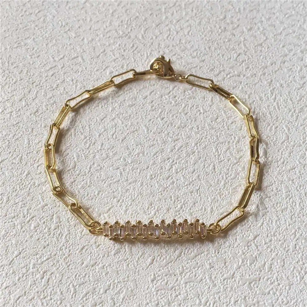 FUWO Shiny Cubic Zircon Bracelet,Golden Plated Long Box Chain Hip Hop Style Brass Jewelry Wholesale BR010 5Pieces/Lot