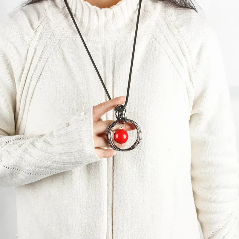 YoYo-Star Red White Pearl Ball Pendant Long Necklaces Women Black Chain Maxi Necklace Fashion Jewelry