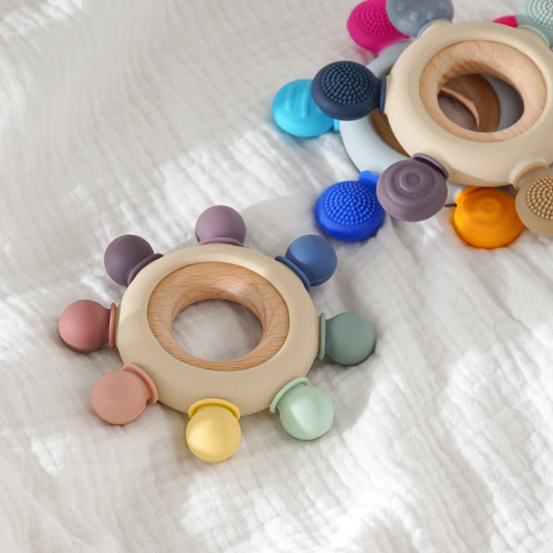 Baby Hand-Held Toys Baby Wooden Ring Teether Molar Toys Particle Feel Food-Grade Silicone Material BPA Free Customizable teething toys baby teething toys