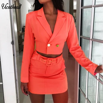

Fashion Women Skirt Suits Turn Down Collar Blazer Jackets And Slim Mini Skirts Two Pieces OL Sets Female Outfits 2019