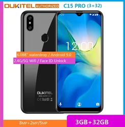 Смартфон OUKITEL C15 Pro, 3 Гб ОЗУ 32 Гб ПЗУ, Android 9,0 Pie, Android 9,0, процессор MT6761 Waterdrop, сканер отпечатка пальца, Face ID, мобильный телефон с Wi-Fi, с функцией «ид...