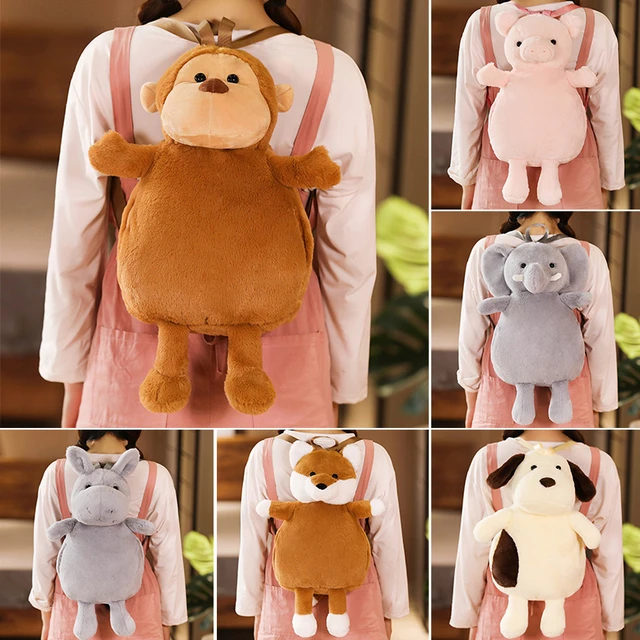 1pcs Cartton Animal Kids Plush Backpack Lovely Pink  Pig/Monkey/Donkey/Dog/Fox Hand Warmmer Plush Bag Zoo Elephant Sleeping Dolls