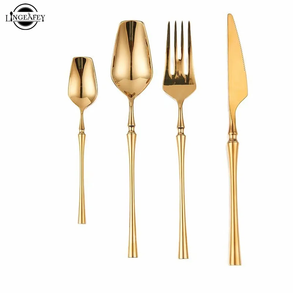 24pcs/set Mirror Gold Cutlery Stainless Steel Dinner Forks Knives Coffee Tea Spoon Korean Kitchen Cutlery Service  Dinner Set