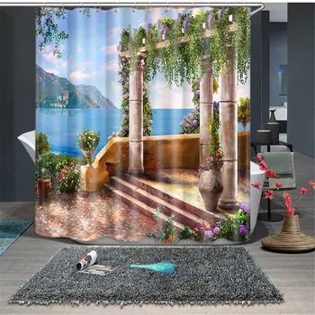 

European Landscape And Architecture Shower Curtain Bathroom Screens Eco-Friendly Polyester Fabric for Bathtub Decor