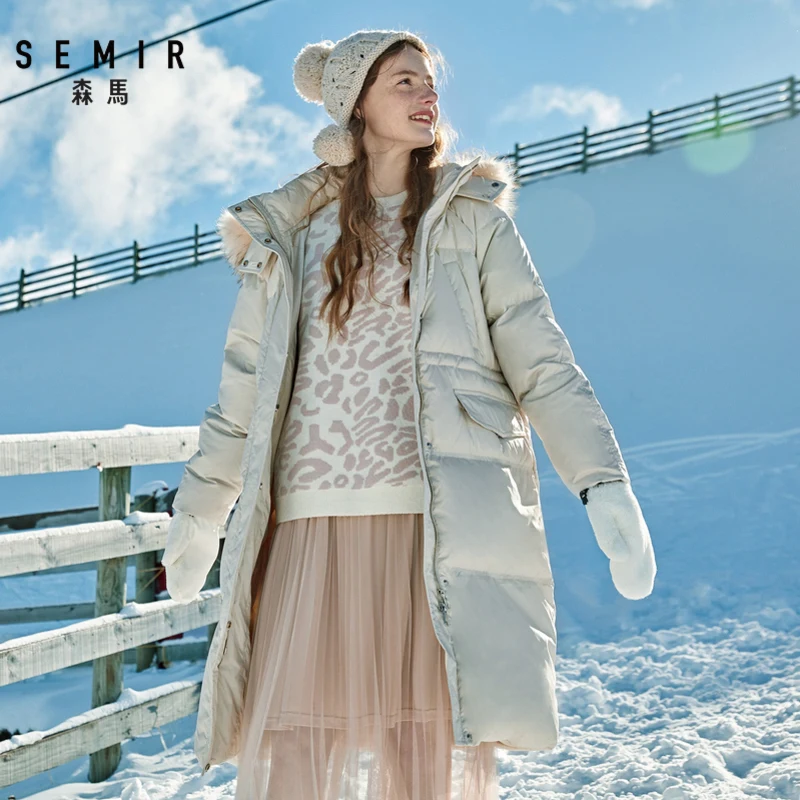 SEMIR, новинка, длинный пуховик, женский, свободный, с капюшоном, с меховым воротником, на талии, для молодых девушек, зимнее пальто, теплое