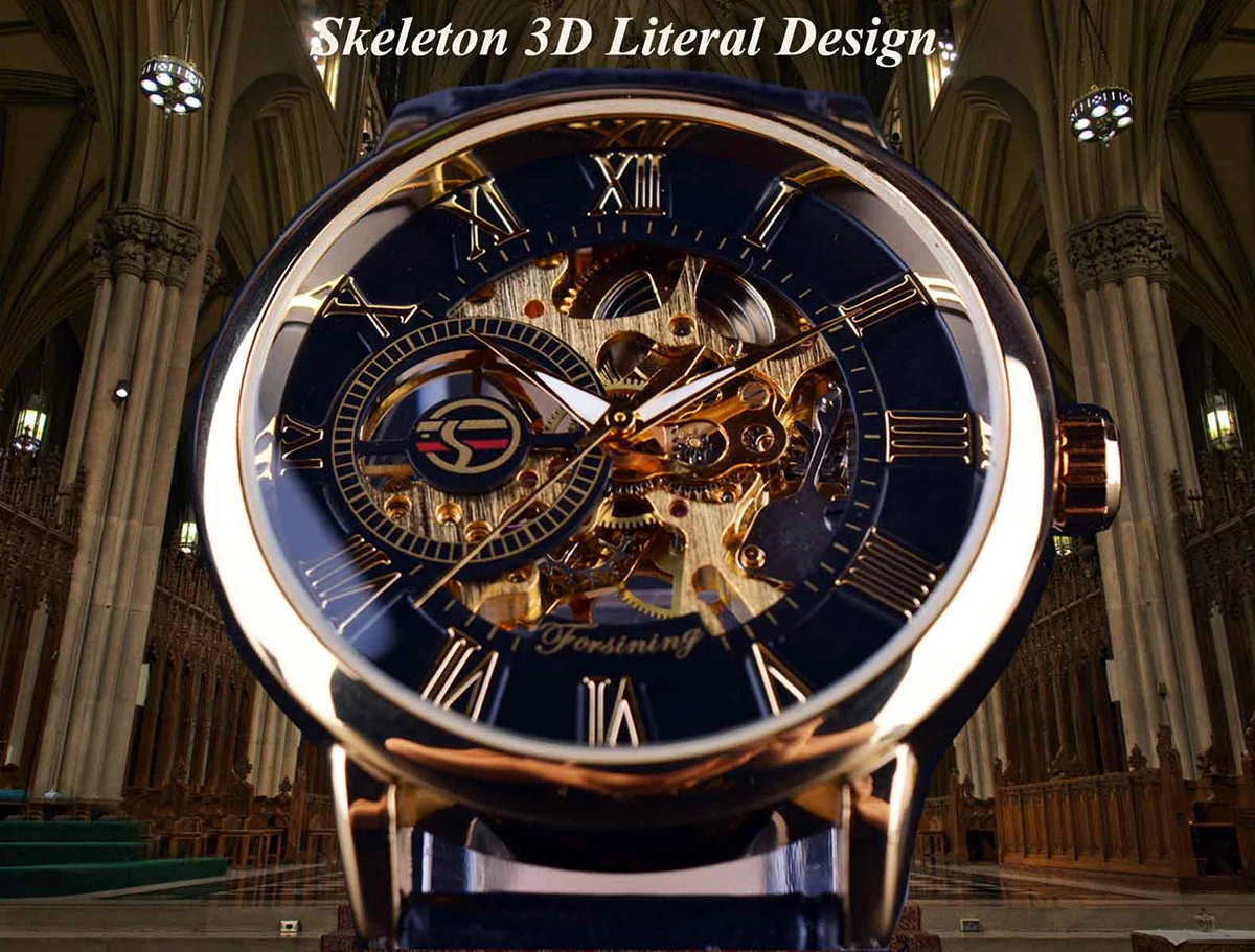 Forsining 3d logem design dutý gravírování černá zlatý pouzdro kůže kostlivec mechanická hodinky muži luxusní značka heren horloge